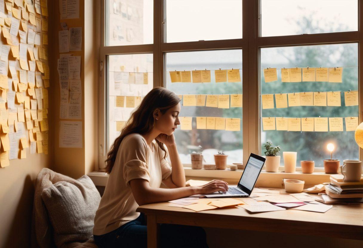 A serene digital workspace featuring a woman pondering over her laptop, surrounded by scattered notes, coffee, and inspirational quotes on post-its. Soft light filters through a window, illuminating the creativity of online writing. Include elements like a globe and a bookshelf filled with writing guides. Capture a sense of calm and inspiration. super-realistic. warm colors. cozy atmosphere.
