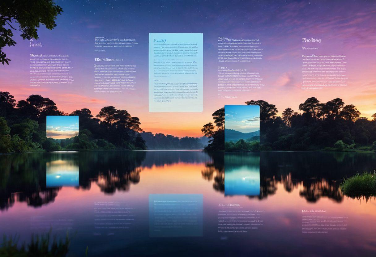 A serene digital landscape reflecting a diverse array of blogs on various screens floating above a tranquil lake, surrounded by lush greenery and gentle waves. Each screen displays different blog post themes, with shimmering text that symbolizes stories and narratives. The sky transitions from day to night, showcasing a journey through time in the blogosphere. super-realistic. vibrant colors. soft lighting.